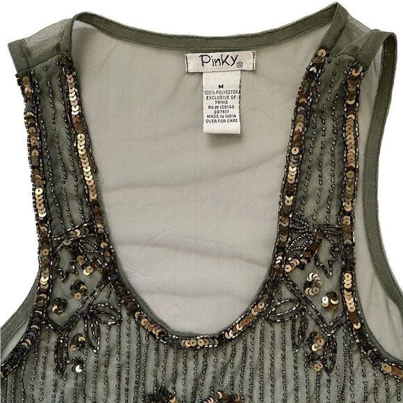 Sheer Beaded Sleeveless Shirt Green Size Medium - Picture 3 of 5